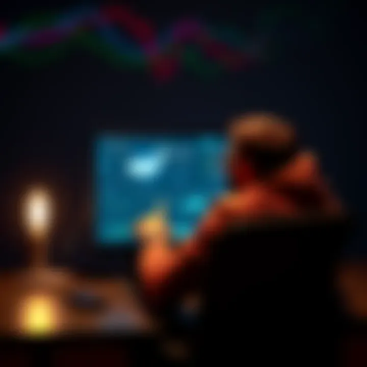 A person sitting in front of a high-end laptop with cryptocurrency graphics on the screen, celebrating a successful mining achievement.