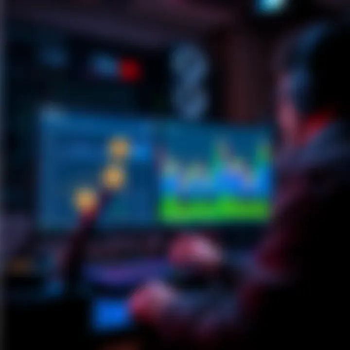 A miner considering options between solo mining and pool mining, showing a computer screen with charts and coins.