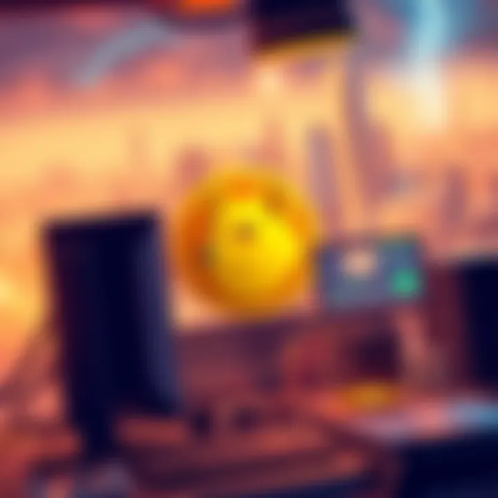 An illustration showing a computer setup for mining DOGE Coin with a backdrop of rising electricity bills and hardware costs.