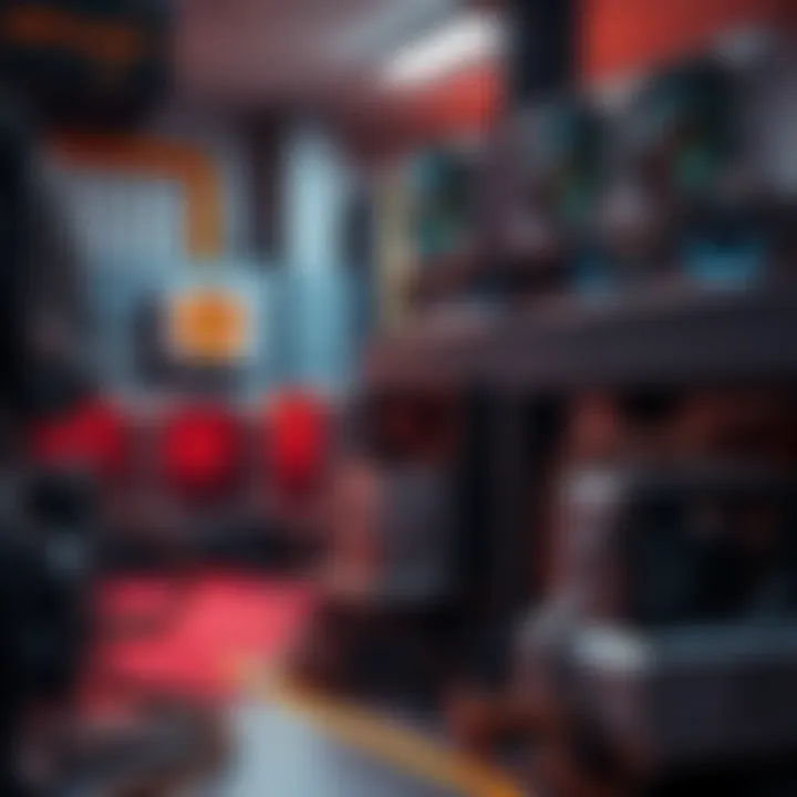 Mining Equipment for Bitcoin A display of essential equipment used for heat-driven bitcoin mining, including cooling systems, mining rigs, and heat exchangers, set in a workshop environment.