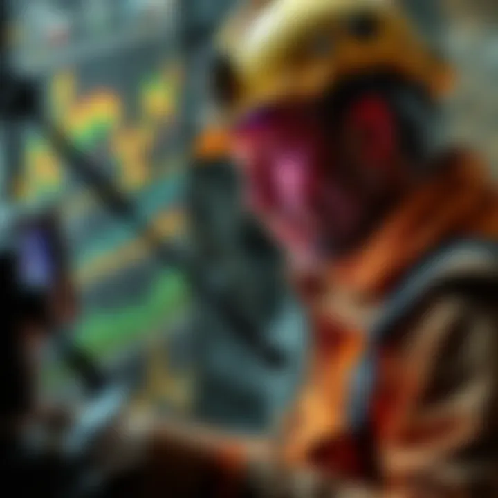 A miner looking at equipment with changing graphs in the background, symbolizing the future of mining.