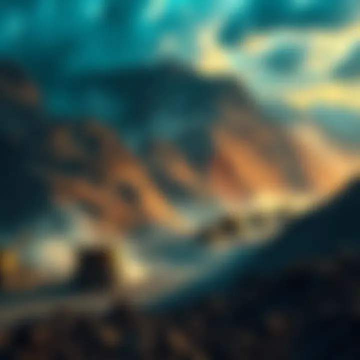 A depiction of mining operations showing machinery at work and environmental degradation, highlighting the contrast of industry and nature.