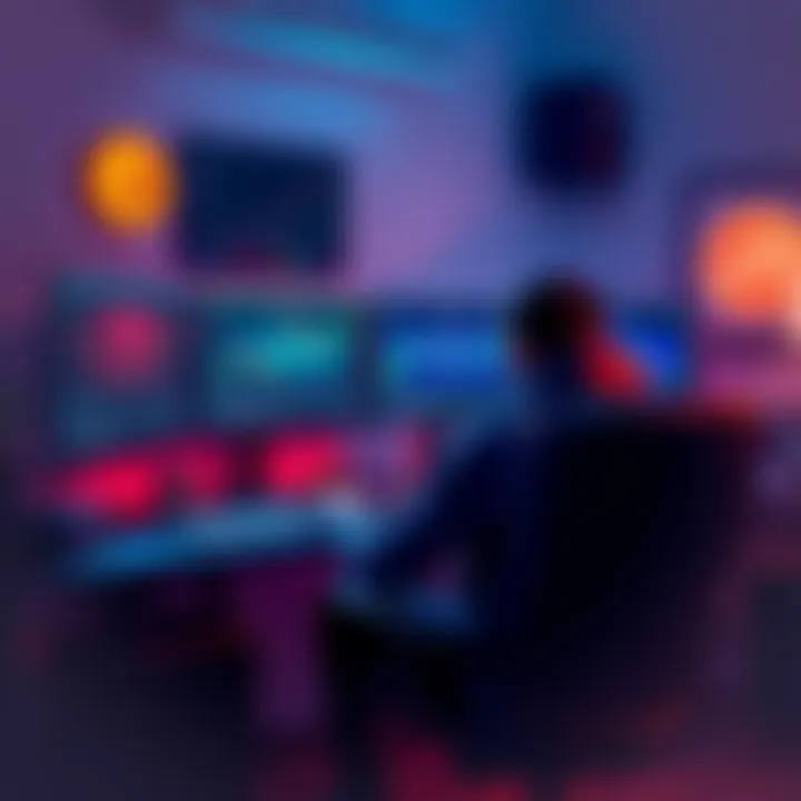 A person sitting at a desk with multiple computer screens displaying Monero mining software and financial graphs, focusing on cryptocurrency mining setup.