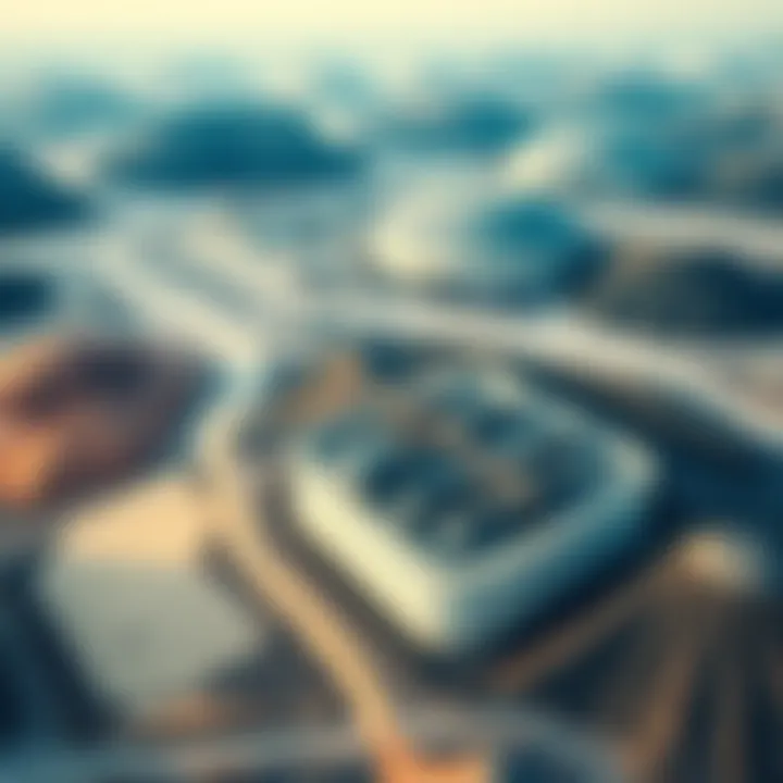 Aerial view of a polluted mining site with toxic waste affecting nearby communities.