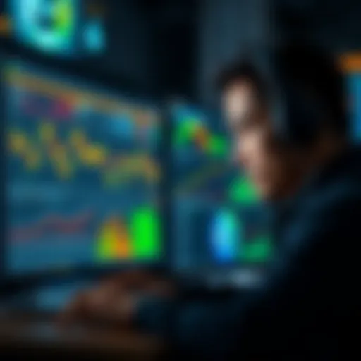 A person analyzing data on a computer screen, surrounded by mining graphics and charts, focused on optimizing mining performance.