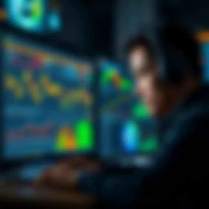 A person analyzing data on a computer screen, surrounded by mining graphics and charts, focused on optimizing mining performance.