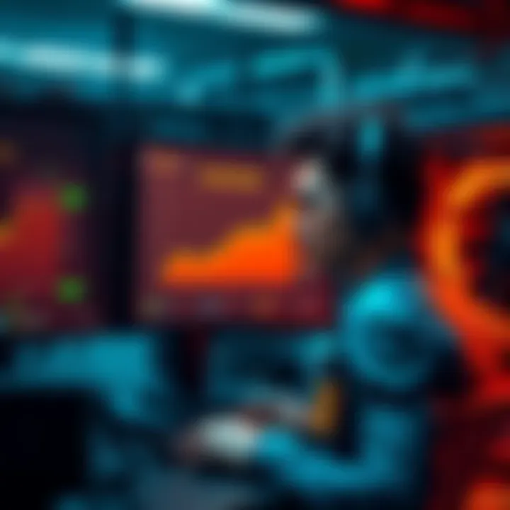 A miner examining a computer screen showing lower rewards compared to peers, with mining equipment in the background.