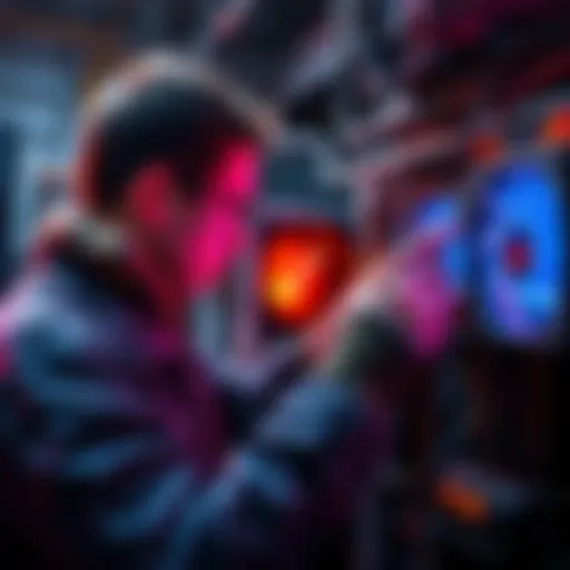 A person checking temperature readings on a mining setup with Intel components.