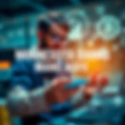 A Minnesota bank employee handling cryptocurrency assets with digital icons of coins and blockchain technology around them.