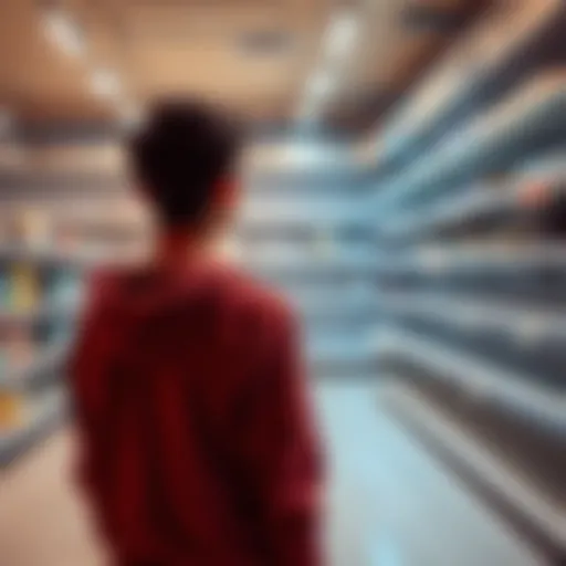 A person stands in front of an empty store shelf, looking disappointed and reflecting on a missed purchase opportunity.