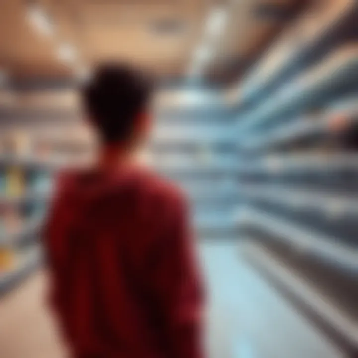 A person stands in front of an empty store shelf, looking disappointed and reflecting on a missed purchase opportunity.