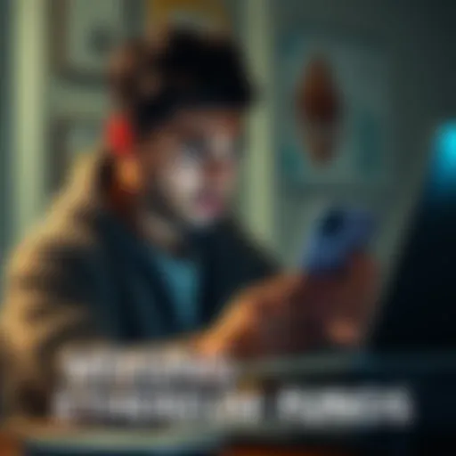 A person looking stressed while checking their phone and laptop for lost Ethereum funds after a failed transaction.