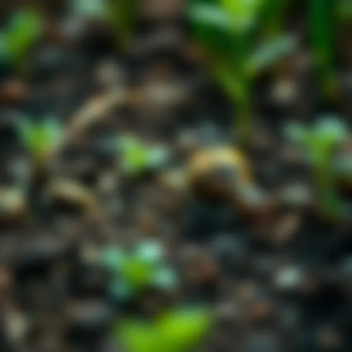 A close-up of a garden area where a local snail was last seen, showcasing plants and soil with a hint of mystery.