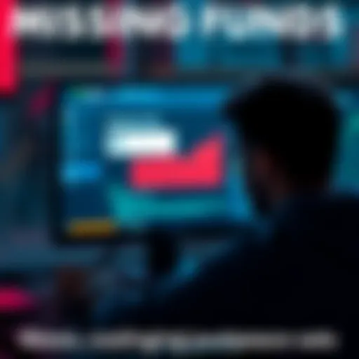 A frustrated person looking at their computer screen, showing a Kraken exchange interface with missing funds notification