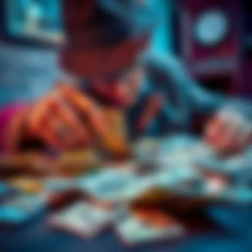 A detective examining scattered dollar bills on a table, highlighting the search for the missing money.