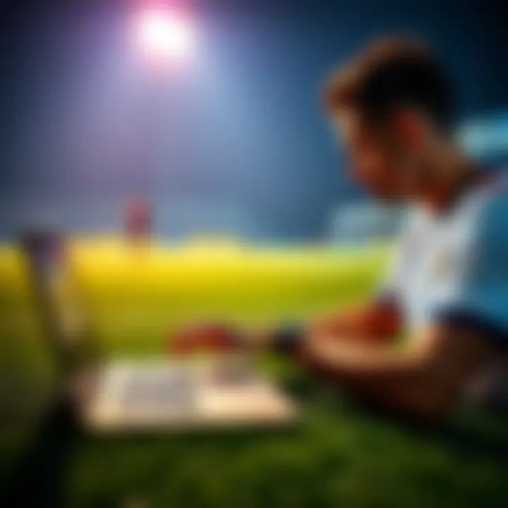 A soccer player analyzing lineup predictions on a laptop with charts and statistics on the screen.