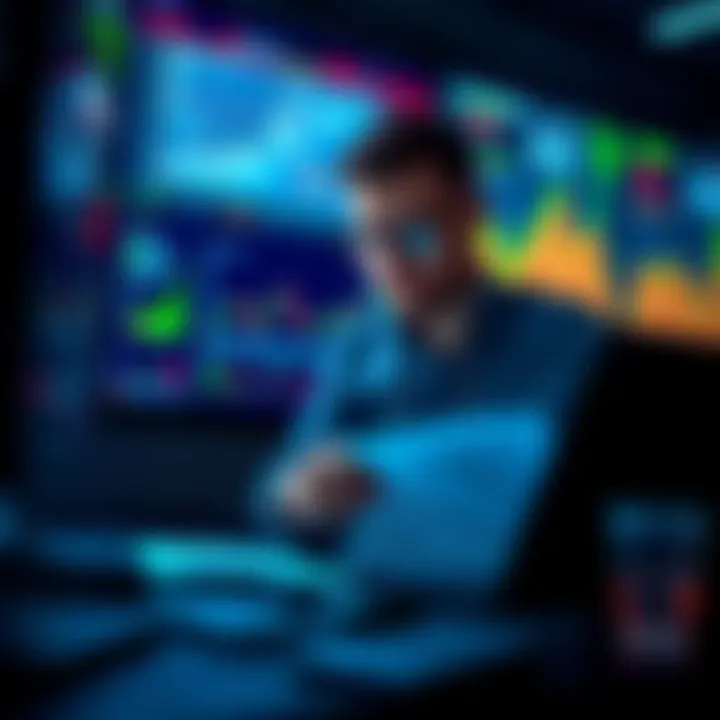 A trader analyzing MM Kaspa holdings with charts and graphs to plan a financial strategy.