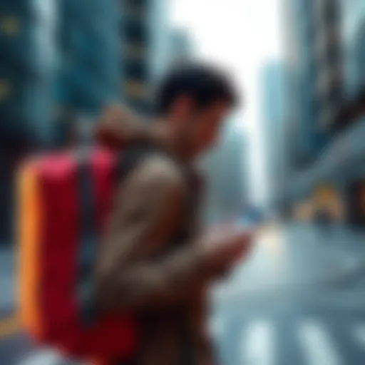 A person using the Backpack app on a smartphone to trade Solana while on the move, with a cityscape in the background.