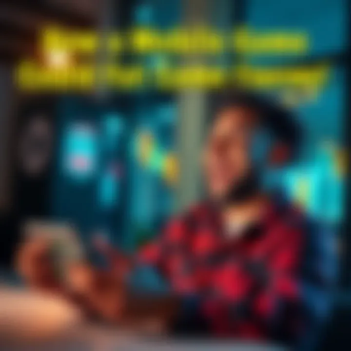 A person playing a mobile game on a smartphone, looking excited and hopeful about achieving financial goals.