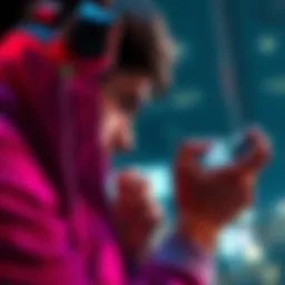 Mobile gamer considering boost option A mobile game player looking at their phone screen with a thoughtful expression, contemplating purchasing gameplay boost hours instead of watching ads.