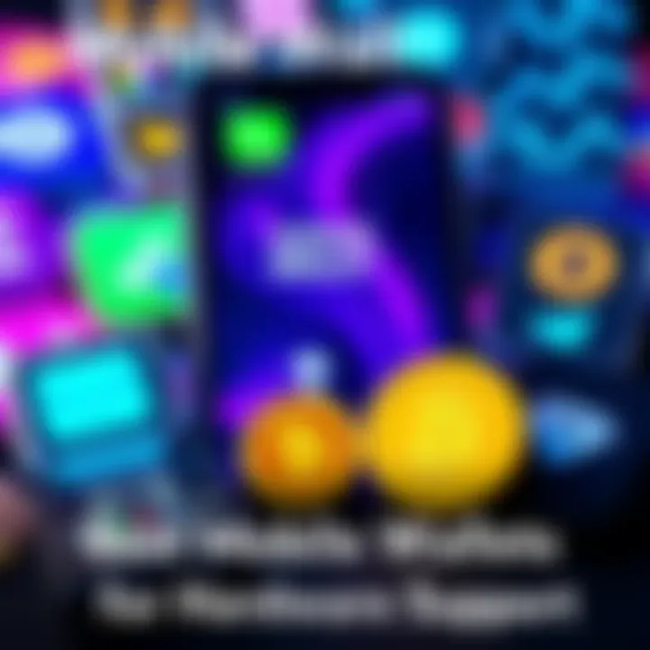 A collection of mobile wallet app icons with a hardware wallet and digital currency symbols