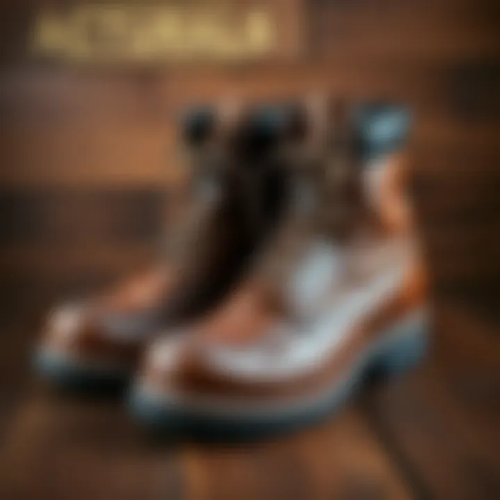 A pair of American-made moc toe wedge work boots displayed on a wooden surface, showcasing their brown leather and sturdy design, ideal for wider feet.