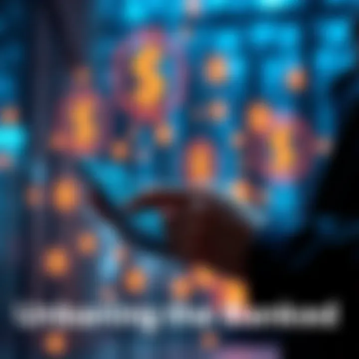 A person using a smartphone to manage finances, with digital currency symbols in the background.