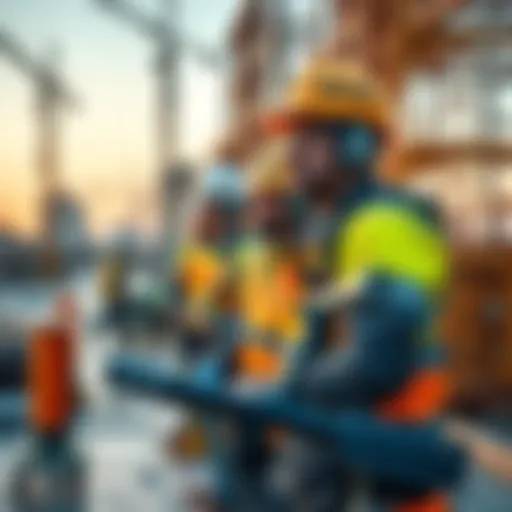 Modern Construction Equipment Construction workers using advanced tools and materials at a building site.