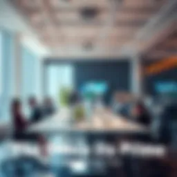 A bright modern office with people collaborating, using technology and enjoying remote work options.