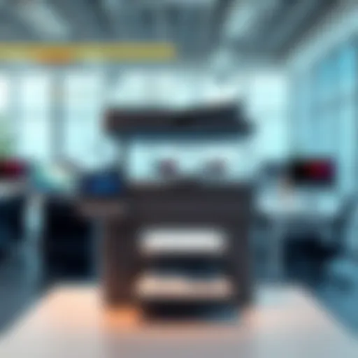 A sleek, advanced printer in a bright office space, showing documents being printed.
