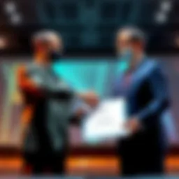 Representatives from MOL and ITOCHU shaking hands over a document about environmental attribute certificates