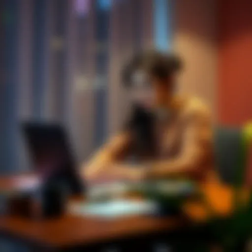 A concerned mother sitting at a table with a laptop, looking intently at financial charts and cryptocurrency information, pondering its impact on her family's future.