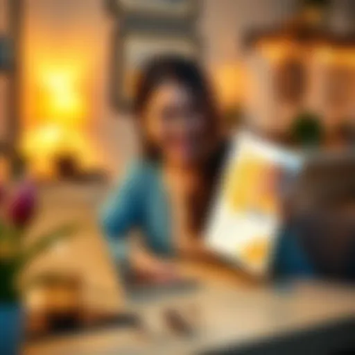 A woman sitting at a table with a laptop, excitedly learning about Bitcoin while holding a printed certificate, symbolizing easy education on Bitcoin for beginners.