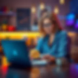 A woman sitting at a table with a laptop, researching Bitcoin, showing curiosity about cryptocurrency investment.