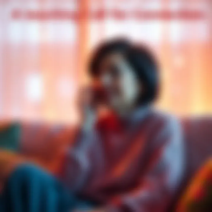 A woman sitting on a couch, holding her phone to her ear, looking emotional as she speaks. A warm atmosphere surrounds her, suggesting a deep connection.