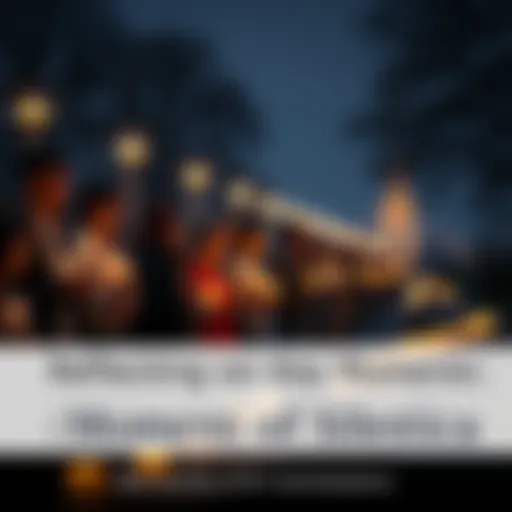 A group of people standing quietly with candles, paying tribute to historical events in America