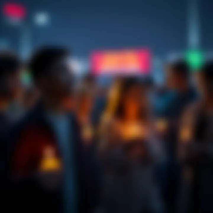 Moment of Silence for Investors Group of people standing in silence with somber expressions, remembering their investment losses, some holding candles