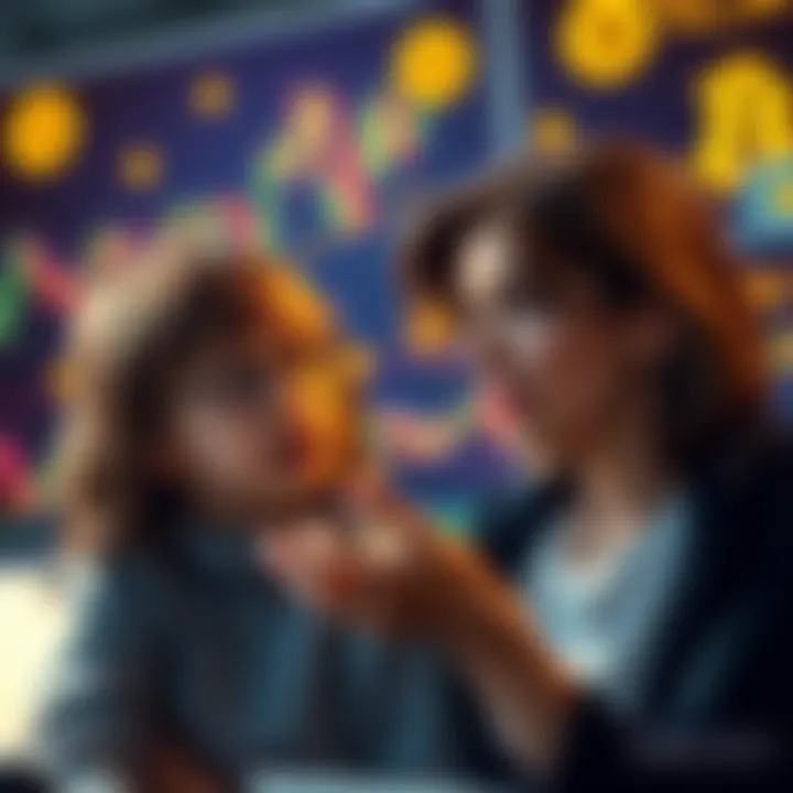 A mother humorously discussing her past joke about investing in bitcoins while her child looks surprised, with a backdrop of financial charts and Bitcoin symbols.