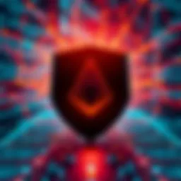 A digital representation of Monero's network with a shield showing vulnerabilities against a backdrop of code and data, symbolizing security concerns after the attack.