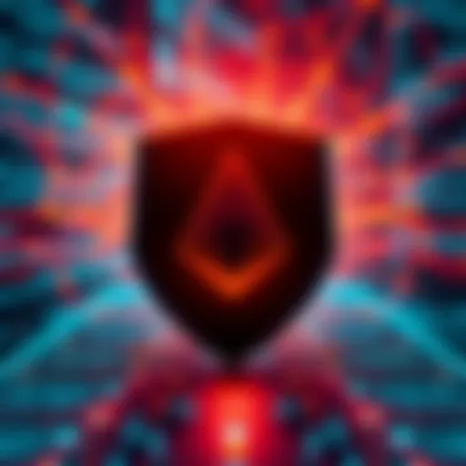 A digital representation of Monero's network with a shield showing vulnerabilities against a backdrop of code and data, symbolizing security concerns after the attack.