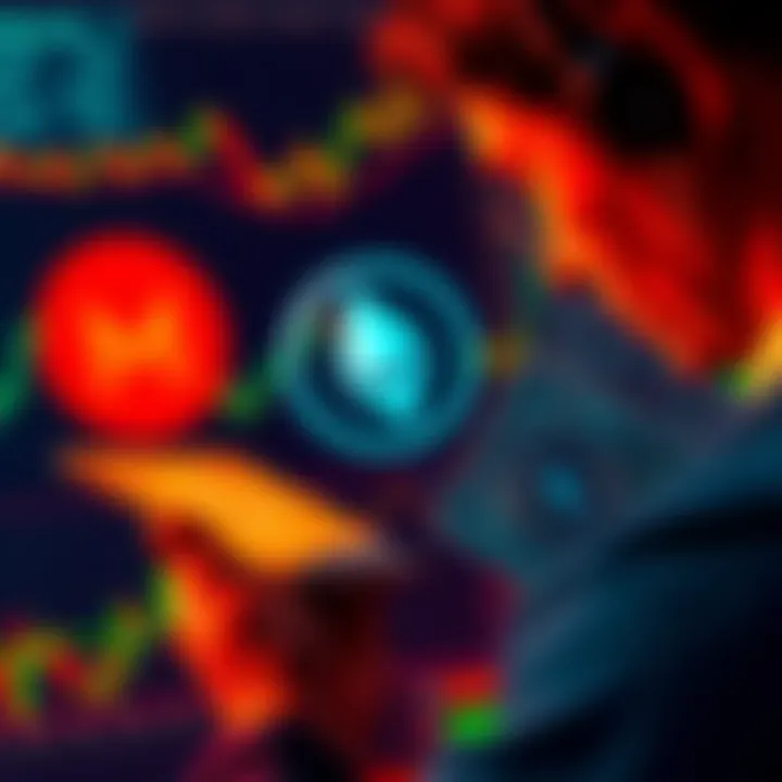 Monero Investment Concept A person examining cryptocurrency charts with Monero logo and cash in hand, representing investment decisions.