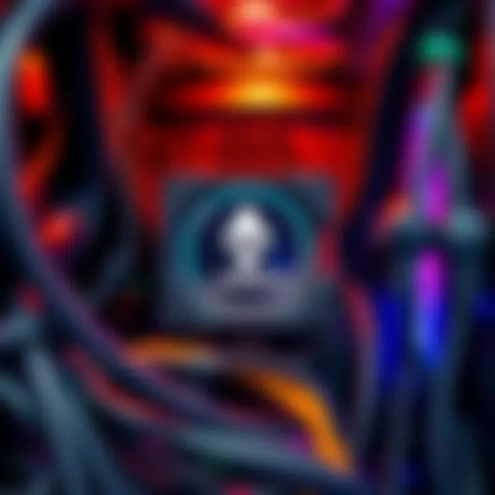 A close-up view of an AMD 5950X mining rig with cables and hardware, highlighting its power consumption settings.