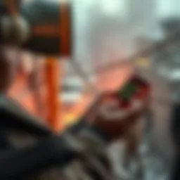 A person using a smartphone to transact Monero in a war-torn area, showing resilience and the need for secure currency.