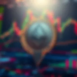 A digital representation of Monero cryptocurrency with a downward arrow indicating low value, against a backdrop of financial charts and symbols.