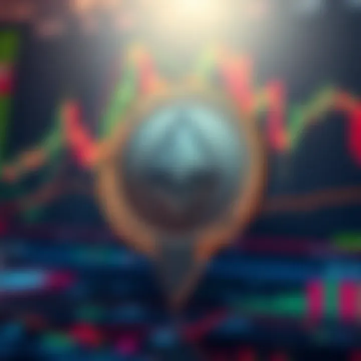 A digital representation of Monero cryptocurrency with a downward arrow indicating low value, against a backdrop of financial charts and symbols.