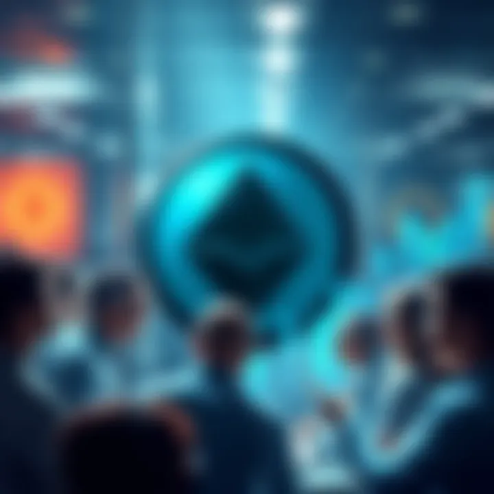 A visual representation of Monero, showcasing its logo and graphs indicating growth, with a backdrop of diverse people discussing cryptocurrency in a modern setting.