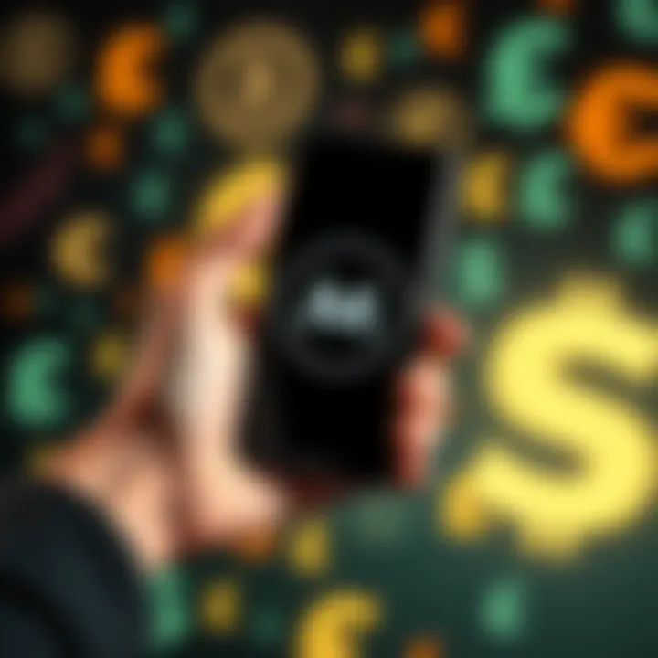 A person holding a smartphone displaying the Monero logo, with a backdrop of various currency symbols, symbolizing the conversation about ethics and crime.