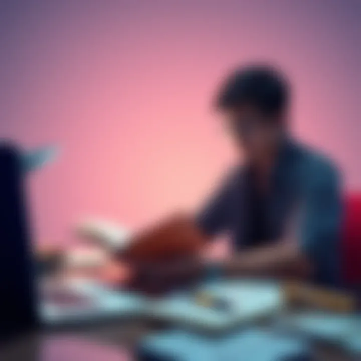 Navigating Monero's Complexity A thoughtful individual reviewing a book on cryptocurrency, surrounded by notes and a laptop