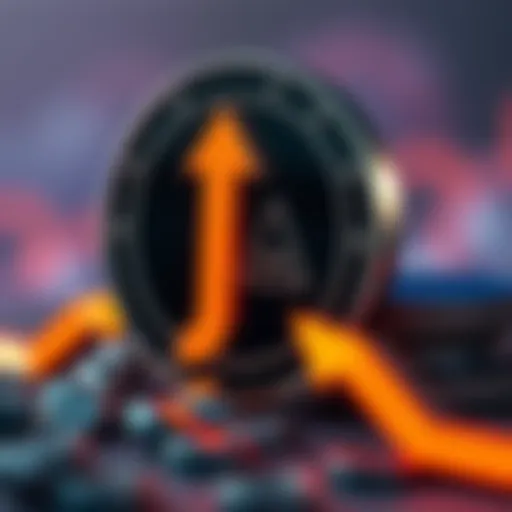 A Monero coin with an upward arrow symbolizing price growth and investment potential.