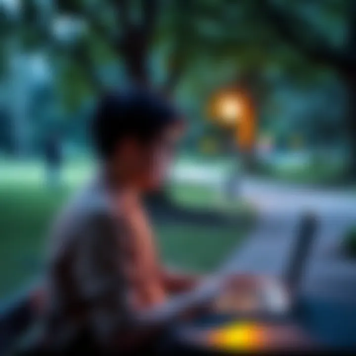 A person using a laptop in a serene park, symbolizing freedom from digital tracking and privacy in financial transactions with Monero.